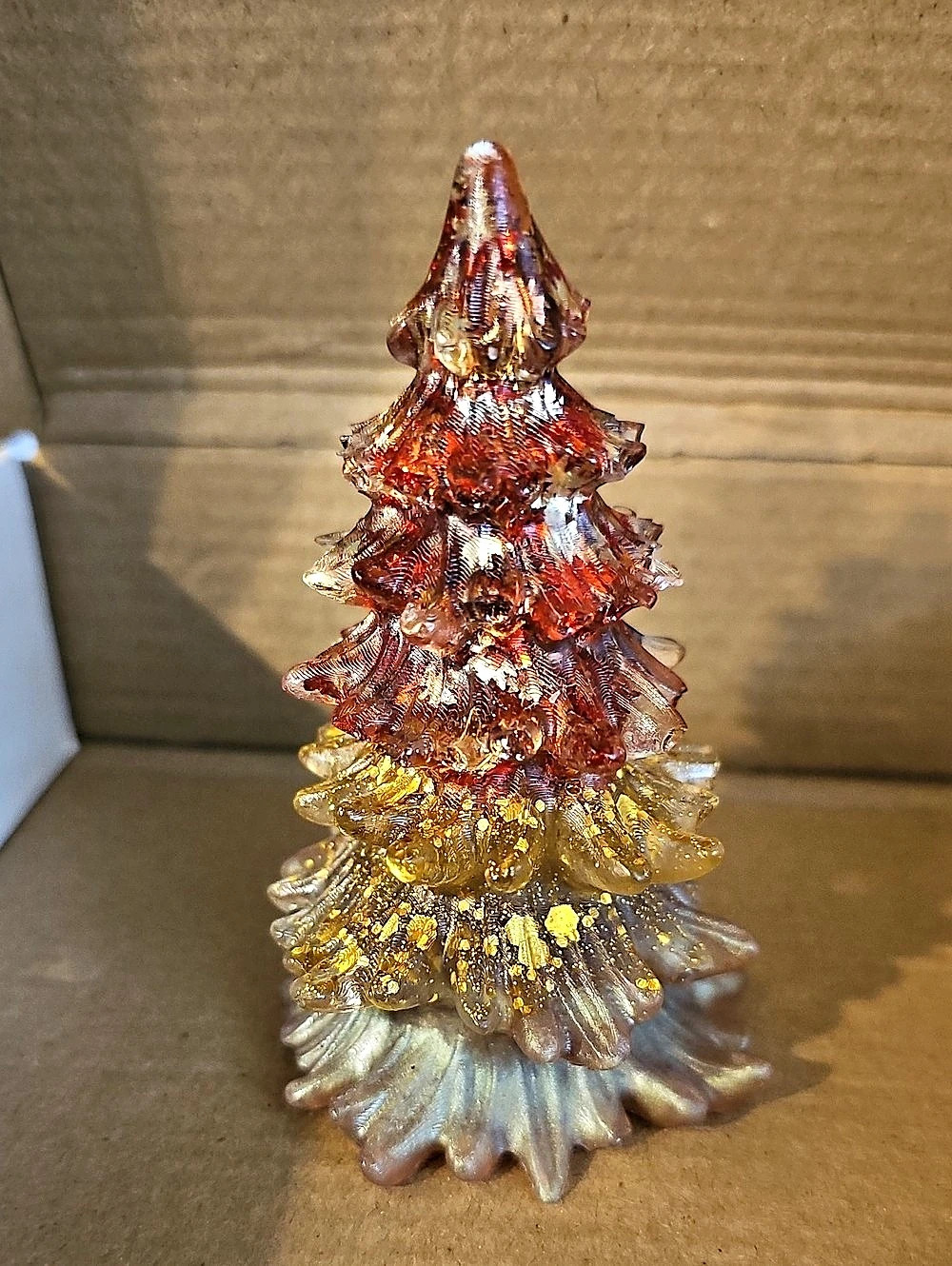 Hand Crafted 4" Red Amber Gold Blue Resin Christmas Tree Figurine Decor